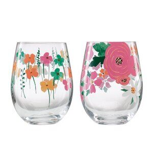18 Oz Floral Brights Stemless Wine Glasses Set of 2 Hand Wash